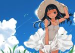  ;d arms_up black_hair blue_eyes cloud collarbone day doushimasho dress grass hand_on_headwear hat long_hair looking_at_viewer one_eye_closed open_mouth original sky smile solo sun_hat sundress sunlight white_dress wind 