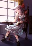  ascot bat_wings blue_hair canae0 chair cup full_body hat hat_ribbon indoors red_eyes remilia_scarlet ribbon short_hair sitting solo table teacup teapot touhou window wings 