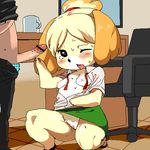  1girl agemono aliasing animal_crossing blush breasts chair clothes computer cup desk dog doubutsu_no_mori furry handjob indoors lowres mayor oekaki office pants penis secretary shirt shizue_(animal_crossing) shizue_(doubutsu_no_mori) skirt sweat unbuttoned underwear 