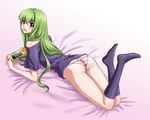  akone artoria_pendragon_(all) ass blush enkidu_(fate/strange_fake) fate/strange_fake fate/zero fate_(series) genderswap genderswap_(mtf) green_hair handheld_game_console long_hair panties playstation_vita purple_eyes saber sensha_otoko socks solo striped striped_panties underwear 