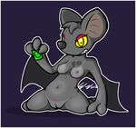  &lt;3 3_fingers anthro bat breasts condom female fionthebunny grey_body grey_nipples grey_nose grin kneeling mammal navel nipples pubes purple_background pussy solo spread_legs spreading tan_line tattoo teeth toony winged_arms wings 