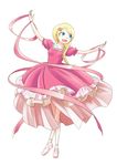  blonde_hair blue_eyes braid dancing dress elise_(maihime) flower full_body hair_flower hair_ornament hairpin long_hair maihime_(mori_ougai) open_mouth ribbon shoes short_sleeves simple_background single_braid solo teeth white_background yoekosukii 