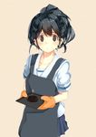  apron bad_id bad_pixiv_id black_hair brown_eyes burnt fikusipu mittens ponytail robotics;notes school_uniform senomiya_akiho serafuku short_hair skirt smile solo sweatdrop tray 