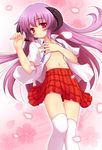  blush flat_chest hanyuu higurashi_no_naku_koro_ni horns long_hair navel plaid plaid_skirt purple_hair red_eyes revision skirt solo thighhighs yamasan 