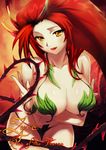  1girl artist_request breast_hold leaf leaf_bikini league_of_legends leaves lips long_hair oppai orange_eyes photoshop red_hair red_lips solo thorns zyra 