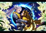  armor blue_eyes brown_eyes brown_hair diana_(league_of_legends) ear_protection eclipse flower forehead_protector gauntlets hair_ornament hug khopesh league_of_legends leona_(league_of_legends) long_hair miko_embrace multiple_girls oldlim petals silver_hair solar_eclipse sword weapon yuri 