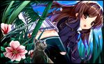  :o ass black_legwear blue_sky brown_eyes brown_hair cat field flower from_behind grass iron_(huyiyang) long_hair looking_at_viewer misaki_kurehito_(style) open_mouth original plant sky solo surprised thighhighs 