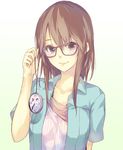  brown_eyes brown_hair glasses holding la-na lace long_hair looking_at_viewer original pocket_watch roman_numerals simple_background smile solo upper_body watch white_background 
