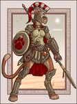  armor canine cat clothed clothing diablo_2 ear_piercing earing feline female green_eyes helmet hoplite mammal mcgibs piercing polearm shield soldier solo spear spear_cat sppear sword warrior weapon 