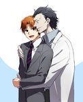  asurafkmt black_eyes black_hair caster_(fate/zero) fate/zero fate_(series) formal hug multiple_boys necktie suit uryuu_ryuunosuke 