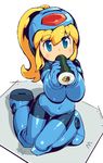  blonde_hair blue_eyes blush bodysuit food helmet holding long_hair makizushi om_(nk2007) ponytail rockman rokkochan rokkochan_(game) roll sitting solo sushi 