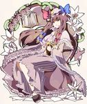  blurry book bow crescent dress flower frills hair_ribbon hat highres long_hair patchouli_knowledge pianzu_mao purple_eyes purple_hair ribbon shoes smile solo touhou 