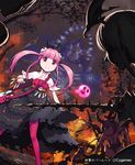  bad_id bad_pixiv_id blush breasts burning capelet cheri_(shingeki_no_bahamut) cleavage demon_girl dress fire golem hair_ornament head_wings hitodama holding horns lena_(zoal) long_hair medium_breasts multiple_girls pink_hair red_eyes red_legwear shingeki_no_bahamut sword tree twintails watermark weapon wings 