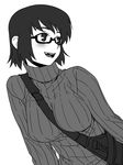  bag between_breasts blush breasts commentary_request copyright_request glasses greyscale medium_breasts messenger_bag monochrome ribbed_sweater sakaki_imasato shoulder_bag simple_background solo strap_cleavage sweater turtleneck upper_body white_background 
