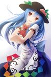  bad_id bad_pixiv_id blue_hair dress food fruit hands hat head_tilt highres hinanawi_tenshi long_hair nunucco open_mouth outstretched_arms peach red_eyes solo touhou 