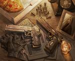 alcohol blonde_hair bullet corded_phone devil_may_cry ebony_&amp;_ivory et.m eva_(devil_may_cry) fingerless_gloves food glass gloves gun handgun ice key long_hair newspaper phone photo_(object) picture_frame pizza rotary_phone smile table weapon whiskey 