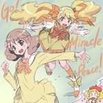  beret blonde_hair bow brown_eyes brown_hair dress hair_bow hat isedaichi_ken kise_yayoi long_hair looking_at_viewer miracle_peace multiple_girls open_mouth precure short_hair smile smile_precure! thought_bubble twintails very_long_hair wrist_cuffs 
