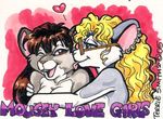  &lt;3 anthro blonde_hair blue_eyes blue_fur brown_hair couple duo ear_piercing eyewear female fur glasses grey_fur hair lesbian licking long_hair mice_girls mousey_love_girls one_eye_closed open_mouth piercing terrie_smith tongue tongue_out wink 