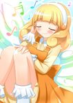  beamed_sixteenth_notes blonde_hair bobby_socks casual closed_eyes dress eighth_note hairband highres kise_yayoi musical_note precure quarter_note short_hair sitting smile smile_precure! socks solo white_hairband wings zenon_(for_achieve) 