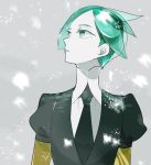  1other androgynous colored_eyelashes crystal_hair gem_uniform_(houseki_no_kuni) golden_arms green_eyes green_hair grey_background houseki_no_kuni looking_up necktie phosphophyllite short_hair shumiko_(kamenokoueki) snowing solo upper_body white_skin 