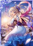  1girl :d akkijin armpits back bare_shoulders blonde_hair blue_dress blue_eyes breasts card_(medium) cloud dress flower flying hair_flower hair_ornament holding holding_flower japanese_clothes long_hair looking_at_viewer lotus medium_breasts mountain official_art open_mouth shinkai_no_valkyrie sky smile sun sunrise 