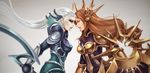  armor bikini_armor brown_eyes brown_hair diana_(league_of_legends) ear_protection facial_mark forehead_protector hair_ornament hannah_santos highres khopesh league_of_legends leona_(league_of_legends) lipstick long_hair makeup multiple_girls purple_eyes shield signature silver_hair sword tears weapon 