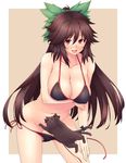  :d ao_banana bikini bikini_pull blush bottomless breasts brown_eyes brown_hair cat censored convenient_censoring covered_nipples highres jpeg_artifacts kaenbyou_rin kaenbyou_rin_(cat) large_breasts long_hair looking_at_viewer necktie no_wings open_mouth red_eyes reiuji_utsuho smile striped striped_neckwear swimsuit touhou very_long_hair 