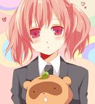  :&lt; bad_id bad_pixiv_id blush heart holding inu_x_boku_ss leaf leaf_on_head looking_at_viewer necktie nitani_(undeem) pink_hair red_eyes roromiya_karuta tanuki twintails watanuki_banri 