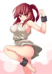  barefoot breasts covered_nipples cuffs dress hevn large_breasts leg_up long_hair looking_at_viewer magi_the_labyrinth_of_magic morgiana one_side_up red_eyes red_hair shackles simple_background solo white_background 