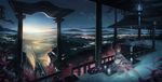  arch brown_hair column hair_ornament hairclip highres japanese_clothes landscape monono multiple_girls open_mouth original pillar rooftop scenery short_hair sitting snow sunrise torii wading 