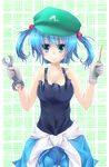  bad_id bad_pixiv_id bare_shoulders blue_eyes blue_hair blush breasts clothes_around_waist collarbone double_sided_wrench gloves hair_bobbles hair_ornament hat highres holding jacket_around_waist kawashiro_nitori looking_at_viewer mechanic medium_breasts screwdriver siyusiyu13 smile solo tank_top touhou two_side_up white_gloves wrench 