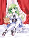  adapted_costume bed blush box canopy_bed corset detached_sleeves frog_hair_ornament green_eyes green_hair hair_ornament hair_ribbon hand_mirror kochiya_sanae lips long_hair looking_at_viewer makeup mirror ribbon shirt sitting skirt snake_hair_ornament solo stuffed_animal stuffed_toy teddy_bear thighhighs touhou white-brown white_legwear wide_sleeves zettai_ryouiki 