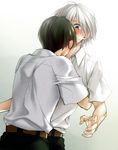  blush brown_hair couple hug ikari_shinji male_focus multiple_boys nagisa_kaworu neon_genesis_evangelion poo_(pitind) red_eyes surprised white_hair yaoi 