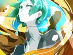  1other androgynous colored_eyelashes crack cracked crystal_hair gem_uniform_(houseki_no_kuni) gold green_eyes green_hair houseki_no_kuni looking_at_viewer necktie phosphophyllite short_hair shumiko_(kamenokoueki) solo upper_body white_skin 