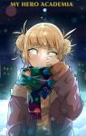  1girl blonde_hair boku_no_hero_academia copyright_name double_bun eyebrows_visible_through_hair georugu13 highres jacket layered_clothing long_sleeves scarf short_hair sky solo star_(sky) starry_sky toga_himiko yellow_eyes 