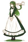  ayakura_juu blue_eyes blush boots cup green_hair living_hair long_hair maid prehensile_hair sketch smile solo standing teacup teapot tekeli tray uchi_no_maid_wa_futeikei v_arms 