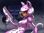  animal_ears bad_id bad_pixiv_id bodysuit breasts cat_ears cat_tail gloves gun handgun helmet large_breasts looking_at_viewer mecha open_mouth original pink_bodysuit red_eyes red_hair rohitsuka solo spacesuit tail weapon 