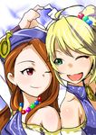  blonde_hair brown_hair clearite green_eyes hoshii_miki idolmaster idolmaster_(classic) long_hair minase_iori multiple_girls open_mouth palace_of_dragon_(idolmaster) red_eyes smile 