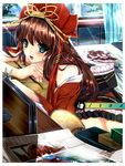  :o bangs bare_shoulders blunt_bangs blush curtains desk fan green_eyes hat highres indoors iron_(huyiyang) light_rays long_sleeves looking_at_viewer misaki_kurehito_(style) off_shoulder open_mouth original red_hat smile solo spoon sunlight 