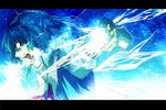  blue_dress blue_hair bow cirno dress glowing glowing_eyes hair_bow highres ice irohara_mitabi letterboxed open_mouth outstretched_arm puffy_sleeves shirt short_hair short_sleeves solo touhou upper_body wings 