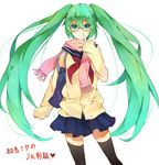  bad_id bad_pixiv_id bag bespectacled character_name glasses green_eyes green_hair hatsune_miku long_hair looking_at_viewer matako pink_scarf red-framed_eyewear scarf school_uniform serafuku simple_background skirt sleeves_past_wrists smile solo thighhighs twintails very_long_hair vocaloid white_background 