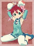  :o armpits arms_up blush border bow bukkake cum cum_on_body cum_on_clothes cum_on_hair cum_on_upper_body detached_sleeves double_bun double_happiness green_eyes hair_bow nail_polish om_(nk2007) red_hair saru_getchu sayaka_(saru_getchu) short_hair sitting smile solo tongue wariza 