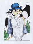  anthro cacomistle chester_ringtail_magreer clothed clothing front grass hat male mammal necklace open_mouth outside pink_eyes pink_nose plain_background pose ringed_tail sitting solo spread_legs spreading terrie_smith torn_clothing white_background 