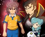  2boys bad_id bad_pixiv_id beta_(inazuma_eleven) brown_hair fusion inazuma_eleven_(series) inazuma_eleven_go inazuma_eleven_go_chrono_stone lightning_bolt mizuhara_aki multiple_boys no_pupils oda_nobunaga_(inazuma_eleven) protocol_omega purple_eyes raimon raimon_soccer_uniform red_eyes shindou_takuto shindou_takuto_(mixi_max_oda_nobunaga) soccer_uniform sphere_device sportswear 