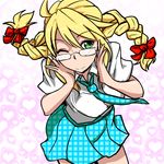  ahoge alternate_hairstyle blonde_hair bow clearite glasses green_eyes hair_bow heart hoshii_miki idolmaster idolmaster_(classic) long_hair lowres one_eye_closed skirt smile solo twintails 