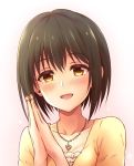  1girl :d black_hair blush brown_eyes character_request collarbone commentary_request earrings eyebrows_visible_through_hair hands_together head_tilt heart heart_necklace idolmaster idolmaster_cinderella_girls jewelry necklace open_mouth short_hair smile solo stud_earrings upper_body uraichishi 