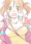  breasts brown_hair heavy_breathing idolmaster idolmaster_cinderella_girls jacket jewelry large_breasts mikrmc necklace open_mouth sketch solo totoki_airi twintails wavy_mouth 