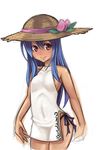  alternate_costume bare_shoulders blue_hair blush china_dress chinese_clothes dress food fruit hat hat_ribbon hinanawi_tenshi jon_sandman long_hair looking_at_viewer panties peach pink_eyes ribbon side-tie_panties sketch smile solo straw_hat touhou underwear white_background 