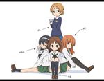  abe_kanari bangs black_hair black_legwear blouse blue_eyes blue_skirt blunt_bangs braid brown_eyes brown_footwear brown_hair closed_eyes cup dress_shirt emblem girls_und_panzer green_skirt hairband hands_clasped holding kneehighs leg_hug loafers long_hair long_sleeves looking_at_viewer miniskirt multiple_girls neckerchief necktie ooarai_school_uniform orange_eyes orange_hair orange_pekoe own_hands_together pleated_skirt reizei_mako sakaguchi_karina school_uniform serafuku shirt shoes short_hair sitting skirt sleepy smile socks st._gloriana's_school_uniform standing sweater takebe_saori tea teacup thighhighs tied_hair translated twin_braids v-neck white_background white_blouse white_shirt 