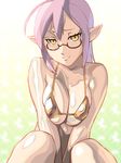  :3 ahoge bikini breast_squeeze breasts cleavage glasses large_breasts long_hair looking_at_viewer original pointy_ears purple_hair raised_eyebrow solo swimsuit ueyama_michirou yellow_eyes 